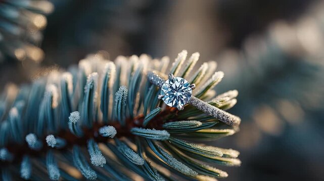 Close-Up of Sparkling Diamond Ring Resting on Frost-Covered Pine Needles in a Winter Landscape
