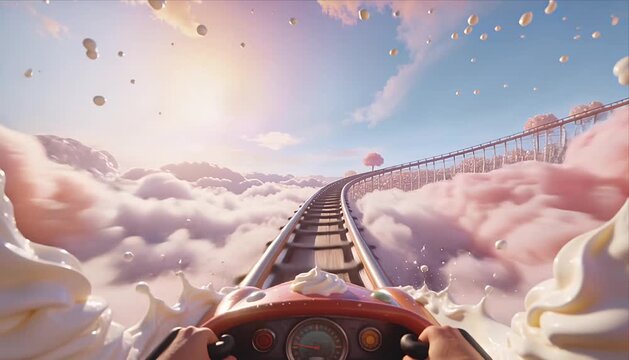Fantasy surreal rollercoaster sky cloud sunset pink cream adventure dream through candy land cotton candy cloud dessert landscape pink sky dreamy sweet scenery fluffy magical whimsical world