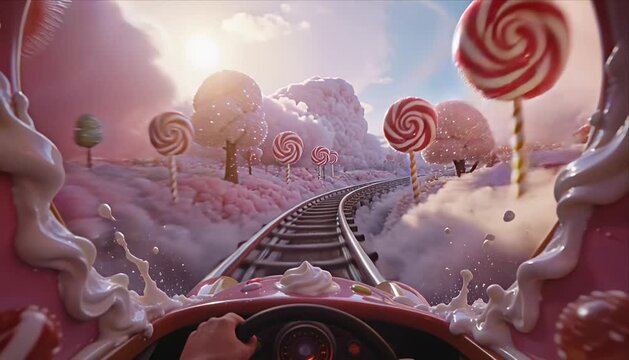 Candy land roller coaster fantasy pastel cloudscape whimsical sweet landscape dream adventure surreal sky candy fantasy rollercoaster clouds pink dessert dreamland joyful sugar forest warm fantasy