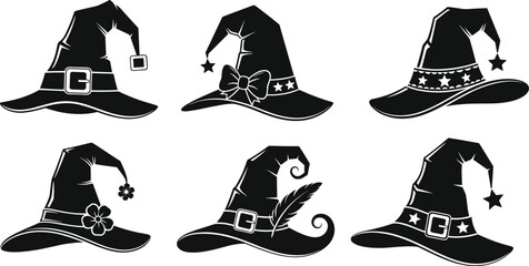Halloween witch hat silhouettes set, decorative spooky magic hats vector illustration collection isolated on light background © Ideasy Mind