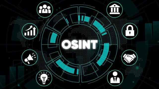 O S I N T Concept Infographic Surrounding Central Text on Dark Background with Teal Accents Business Intelligence Gathering Symbols