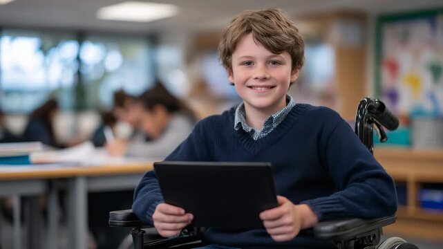 253Smiling student using wheelchair while interacting with assistive tablet software technology in modern classroom environment for inclusive education campaigns and accessibility emp