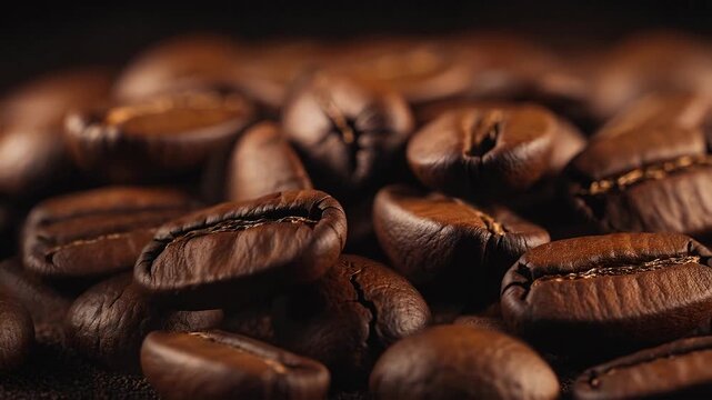 Close up of aromatic roasted coffee beans with rich brown colors