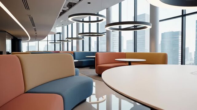 Modern coworking space with booth seating and city views