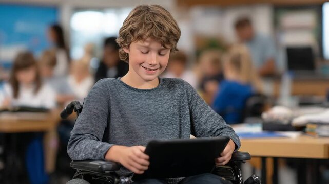 255Smiling student using wheelchair while interacting with assistive tablet software technology in modern classroom environment for inclusive education campaigns and accessibility emp