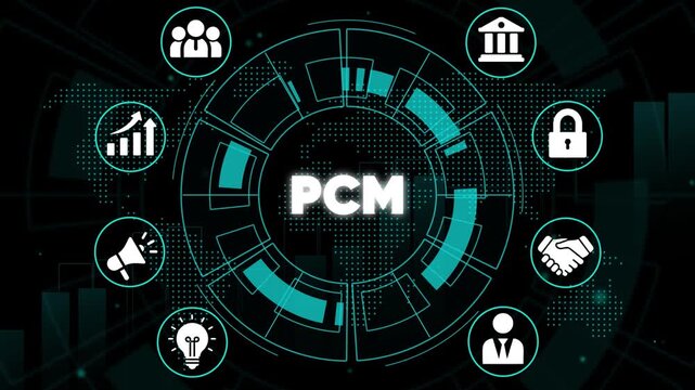 P C M business process management concept with and circular diagram on dark background workflow productivity