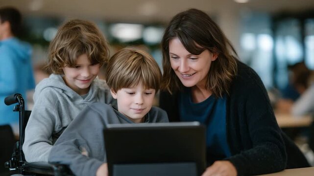 268Smiling student using wheelchair while interacting with assistive tablet software technology in modern classroom environment for inclusive education campaigns and accessibility emp