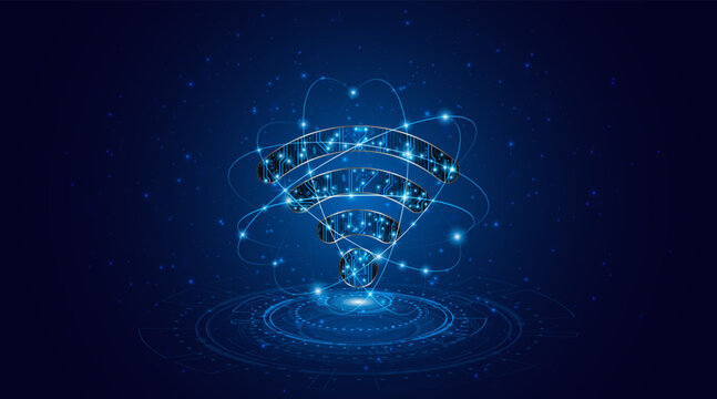 The concept of a Wifi symbol with a circuit board. Internet connectivity or wireless communication technology.
