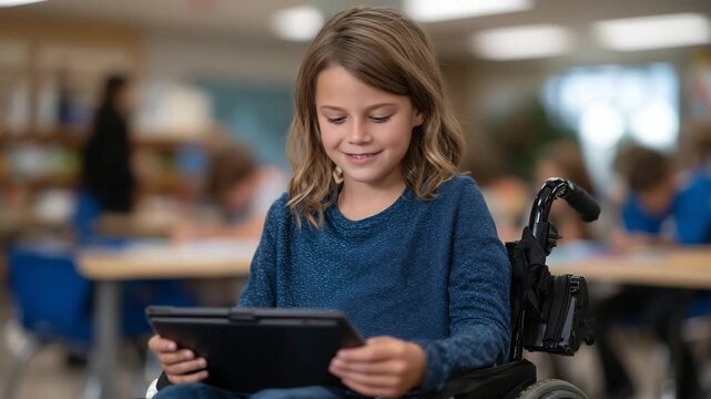 276Smiling student using wheelchair while interacting with assistive tablet software technology in modern classroom environment for inclusive education campaigns and accessibility emp