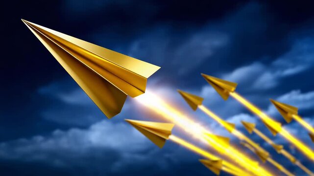 284Single glowing golden arrow flying straight and true dynamically leading large disorganized group of paper airplanes through dark sky, perfect for leadership guidance and strategic