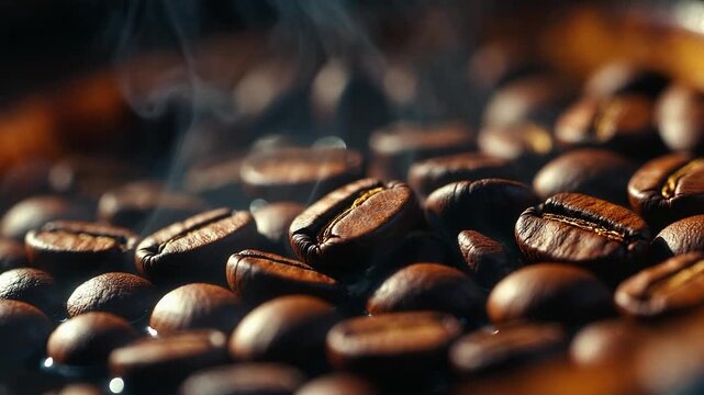 Macro photograph of roasted coffee beans with wisps of rising steam