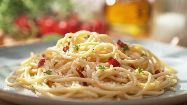 Spaghetti Carbonara Served with Pancetta on a Plate - Presentation of the Main Course in a Sunny Italian Restaurant, Packshot, Dolly out