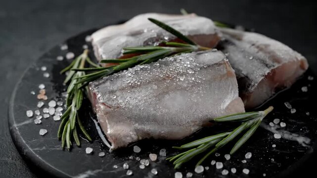 Raw hake fish steaks seasoned with coarse sea salt and fresh rosemary sprigs. Fresh seafood ingredients prepared for cooking on a dark marble plate for a healthy protein diet