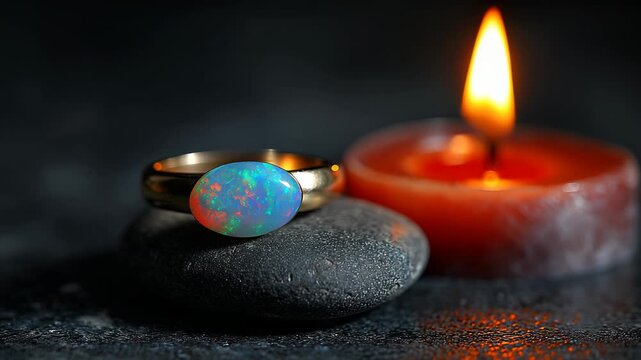 Sparkling Opal Ring on Smooth Black Stones with Lit Candle Creating Serene and Luxurious Atmosphere