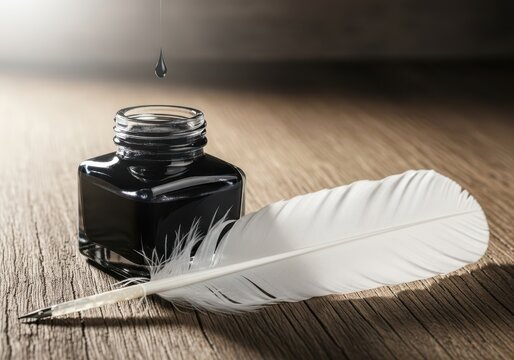 Traditional writing tools arranged elegantly, featuring a deep black inkwell and a delicate white quill feather on a rustic surface, script, creation, education