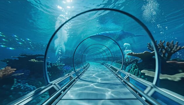 Underwater tunnel ocean aquarium whale marine life fish coral reef glass walkway sea blue water adventure travel tourism nature wildlife surreal dreamy fantasy futuristic architecture neon light