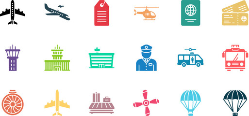Airport and Travel Icons: A Colorful Collection of Transportation Symbols
