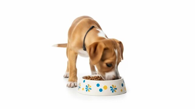 A puppy eats from a ceramic bowl with a colorful flower design