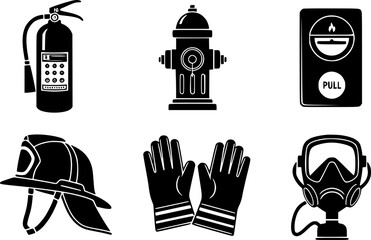 Fototapeta premium Fire Safety And Firefighting Equipment Icons Featuring Extinguishers Hydrants Helmets Masks Gloves And Alarms