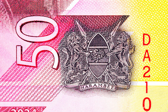 Fragment of a 50 Shillings Kenya banknote for design. Money of Kenya and Africa.