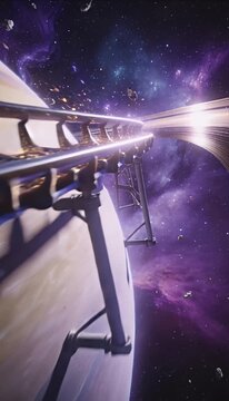 Space roller coaster track cosmic rail fantasy galaxy background with purple nebula planet ring asteroid field smooth metal rail surreal sci fi ride dreamy light magic path journey