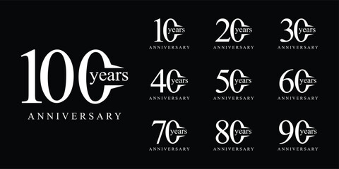Set of 10 to 100 anniversary logo design. years celebration 10 to 100 logo icon vector collection. elegant luxury symbol concept. © ZRpro