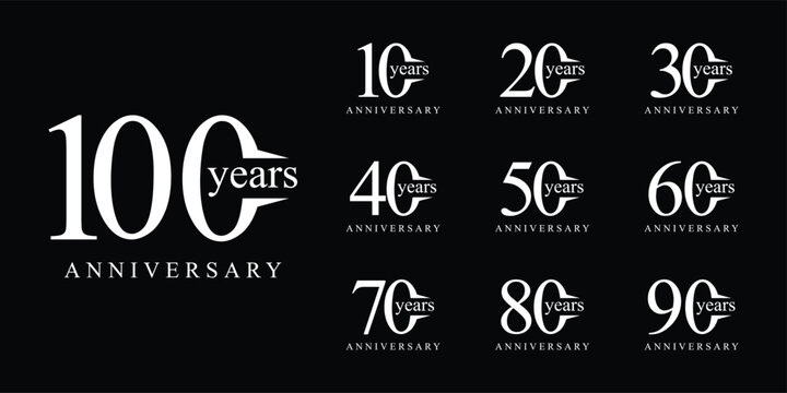Set of 10 to 100 anniversary logo design. years celebration 10 to 100 logo icon vector collection. elegant luxury symbol concept.