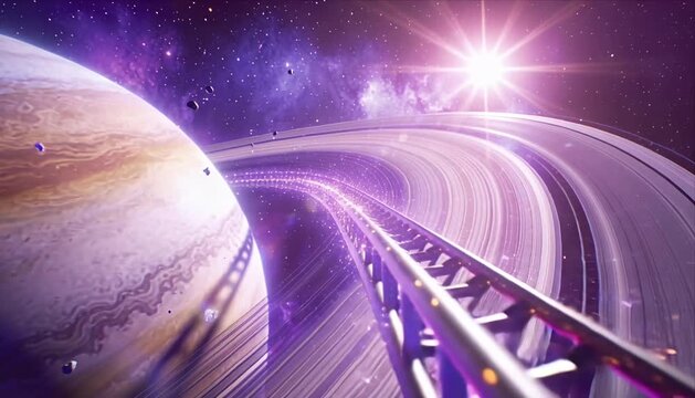 Surreal space railway on purple ringed planet gas giant with glowing crystal science fiction fantasy roller coaster through galaxy cosmos asteroid nebula star universe cosmic wonder dreamlike journey