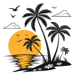 Fototapeta premium A tropical island with palm trees and a sunset Vector
