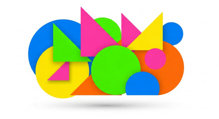 Vibrant colorful geometric shapes composition with triangles circles and various bright colors on white background for design and creativity