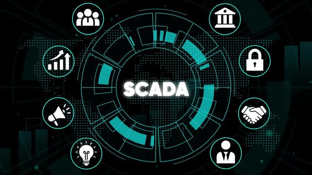 S C A D A system interface with various industrial control on a black background with teal accents SCADA