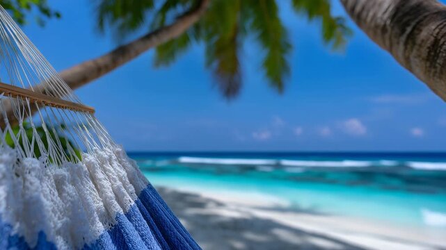 354Hammock stretched between palm trees on a white sand tropical beach with turquoise water and clear sky, close up, angled view showing hammock gently swaying, sand grains and palm t