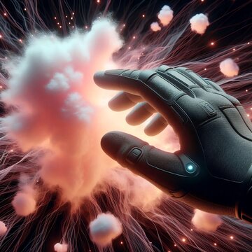 person's hand wearing a haptic VR glove touching a virtual "cloud" made of realistic cotton-candy fibers
