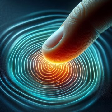 Human finger pressing a glowing, translucent biometric haptic sensor