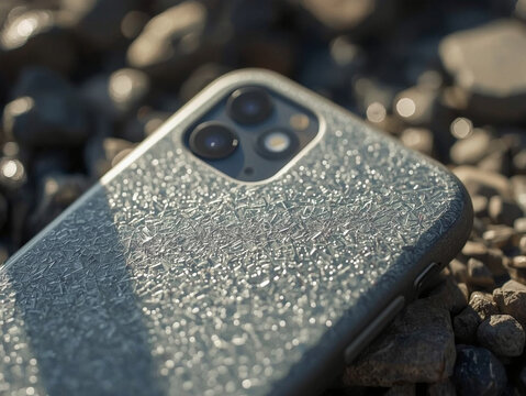 Rugged smartphone with coarse fiber texture case sitting on dark volcanic gravel, industrial durability concept