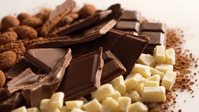Gourmet assortment of dark, milk and white chocolate pieces with cocoa dusted almonds. A delicious mix of confectionery ingredients for baking artisan dessert recipes