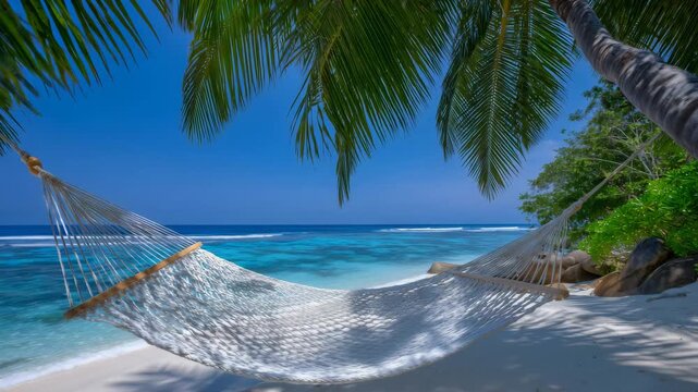 358Hammock stretched between palm trees on a white sand tropical beach with turquoise water and clear sky, close up, tropical fronds framing the hammock, sunlight filtering through le