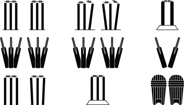 Cricket equipment silhouette collection featuring wickets stumps bats and bails isolated on light background vector illustration set