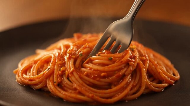 Close up of steaming hot spaghetti with tomato sauce and a fork