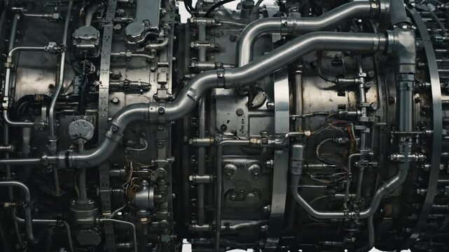 Closeup of industrial machinery engine parts.