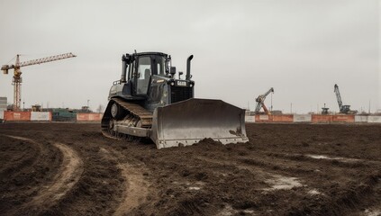 Heavy machinery leveling muddy terrain on an overcast day