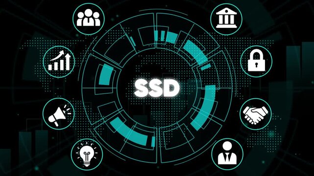 Solid State Drive S D Technology Concept with Business and Security on Dark Background with Teal Accents