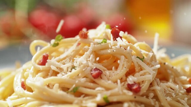 Grating Cheese onto Freshly Prepared, Served on a Plate, Spaghetti Carbonara with Pancetta, Egg, Black pepper, and Chopped Herbs