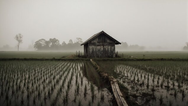 Rustic wooden hut in rice paddy, mirrored reflection. Overcast, tranquil scene
