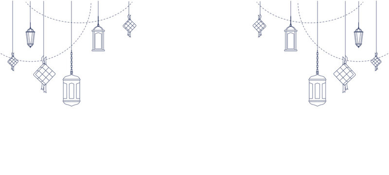 Islamic decoration background with hanging lanterns and ketupat diamonds line art. Minimalist greeting card template for Ramadan Kareem or Eid Al-Fitr celebration. Isolated on white background
