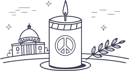 Commemorative candle with soft flame symbolizing peace sign building dome olive branch © Vector Art