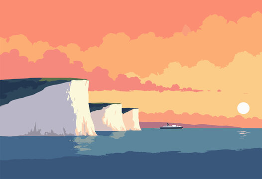 white chalk face Dover Cliffs glowing warm orange sunset ferry silhouette horizon Minimalist landscape