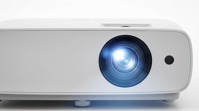 A sleek white electronic device with a lens and a small circular button on the right side, emitting a blue light