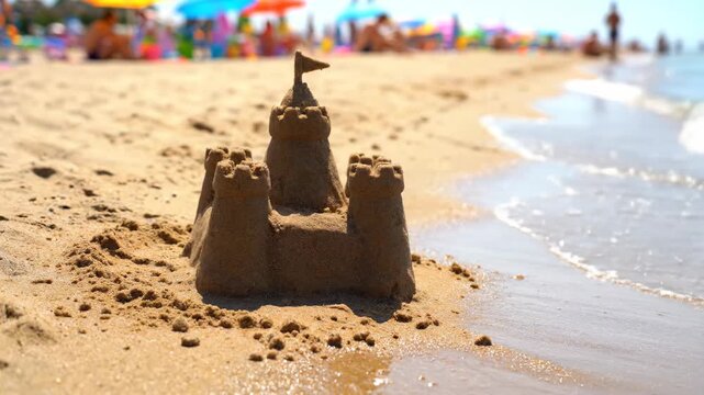 The tide washing away a sandcastle on a busy beach during a sunny day. A metaphor for impermanence, fragility, and the inevitable ending of a summer holiday or project