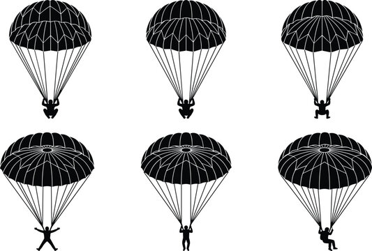 Parachute silhouette collection featuring skydiver landing descending and flying poses isolated on light background vector illustration set